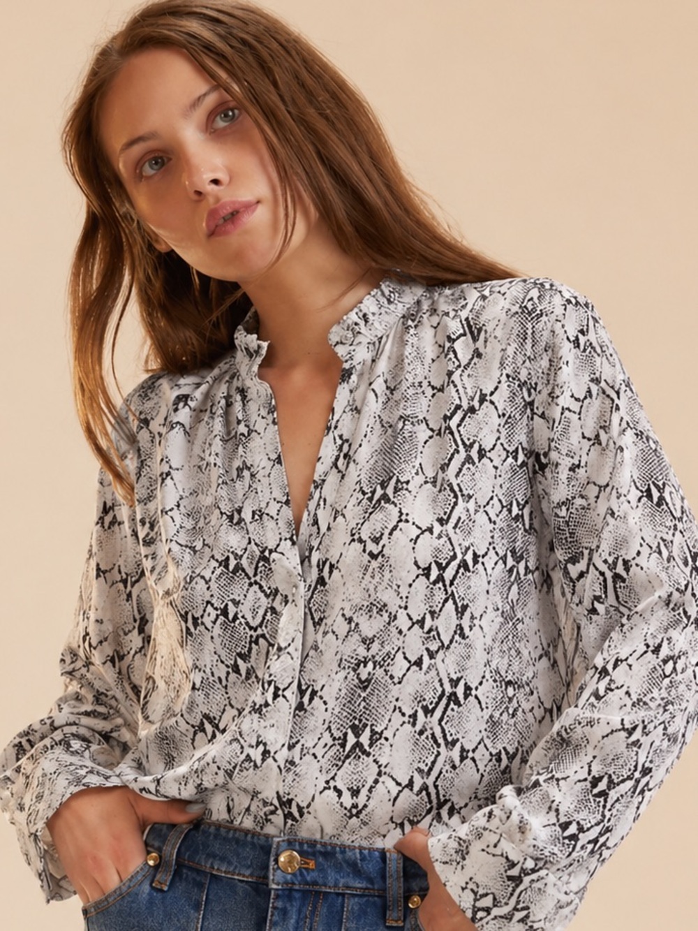 Cynthia Rowley 100% Silk Snake Print Blouse | V-Neck | Long Sleeve | Size Small